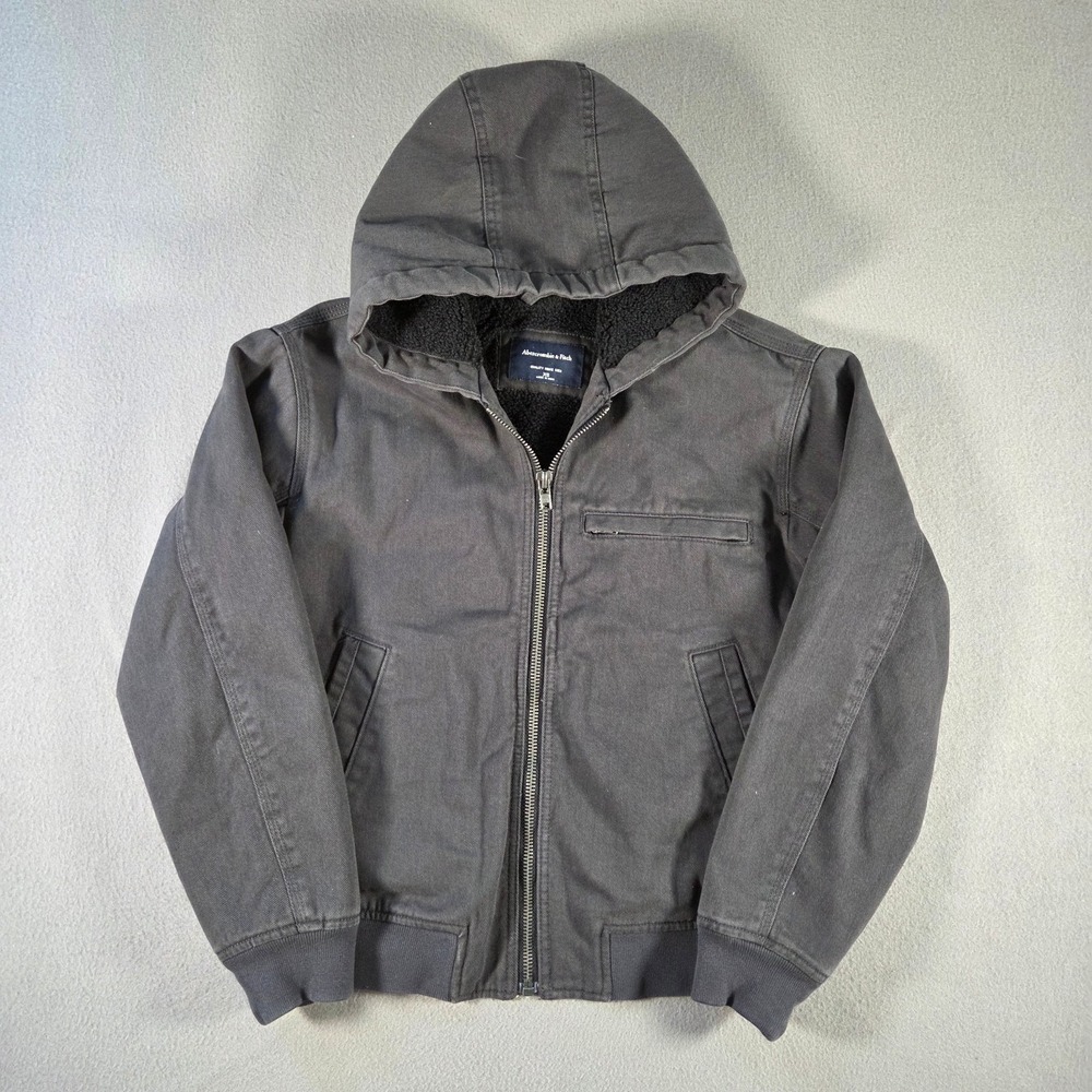 Abercrombie & Fitch Jacket Mens Small Grey Canvas Sherpa Lined Hooded Workwear
